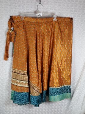 Boho Wrap Skirt in Mustard with Teal Trim Free Size